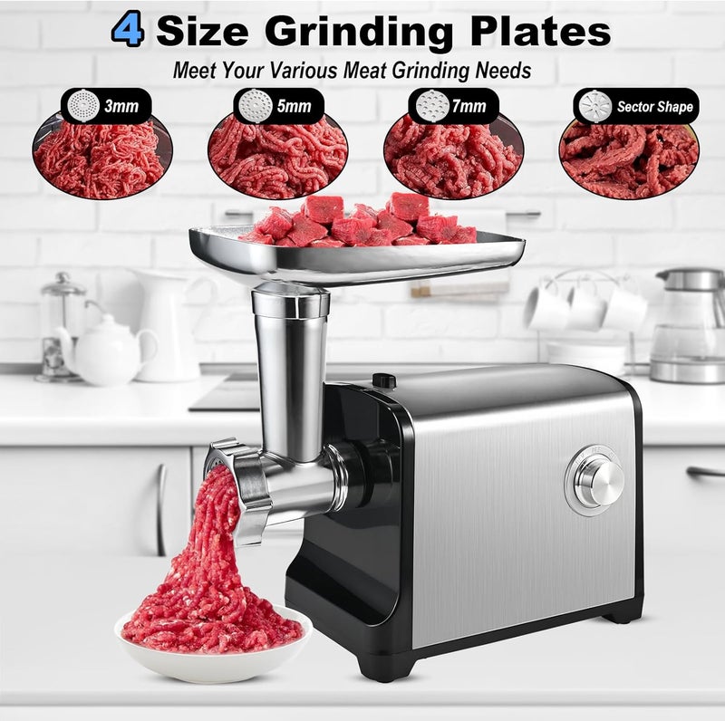 Casuenia Electric Meat Grinder, [3200W Max] Meat Grinder Heavy Duty for Home Use, Sausage Stuffer with 2 Blades, 4 Grinding Plates, 3 Sausage Tubes, Kibbe Kit, Stainless Steel (Black) - Image 3